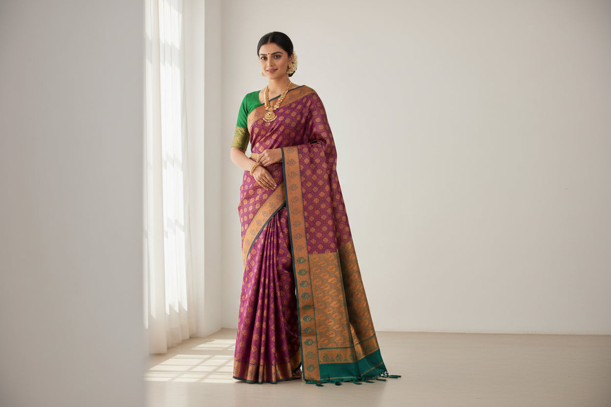 Vegan Silk Saree Magenta Colour with Green and Copper Border