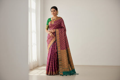 Vegan Silk Saree Magenta Colour with Green and Copper Border