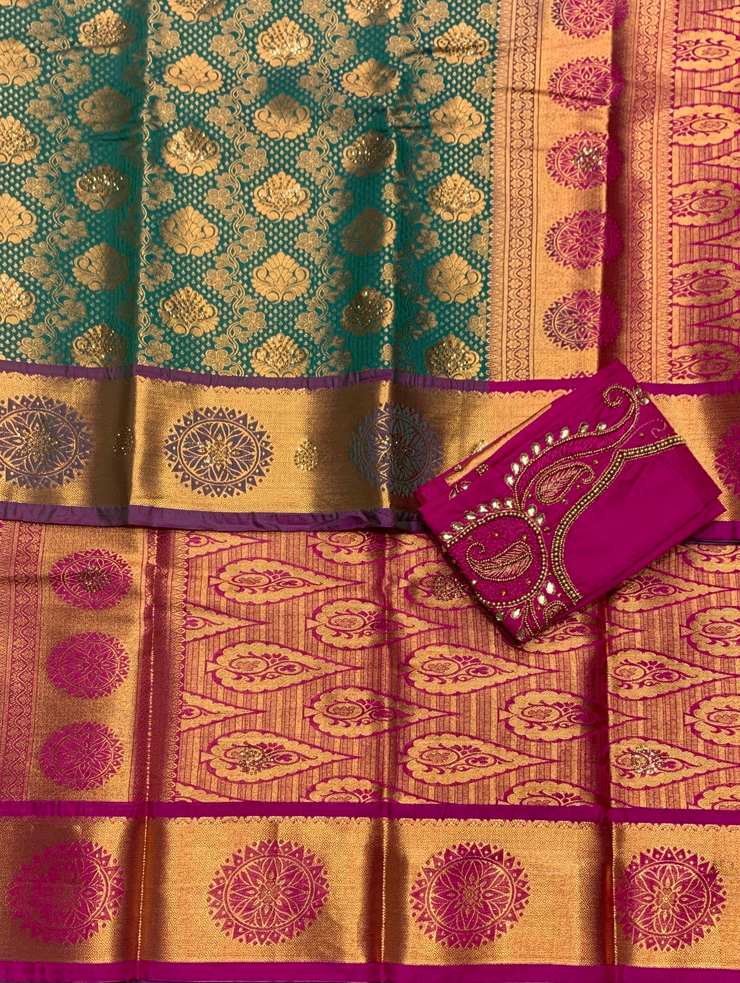 Bridal Vegan Silk Saree Peacock Green shade with Pink Border with Unstitched blouse in Aari Work