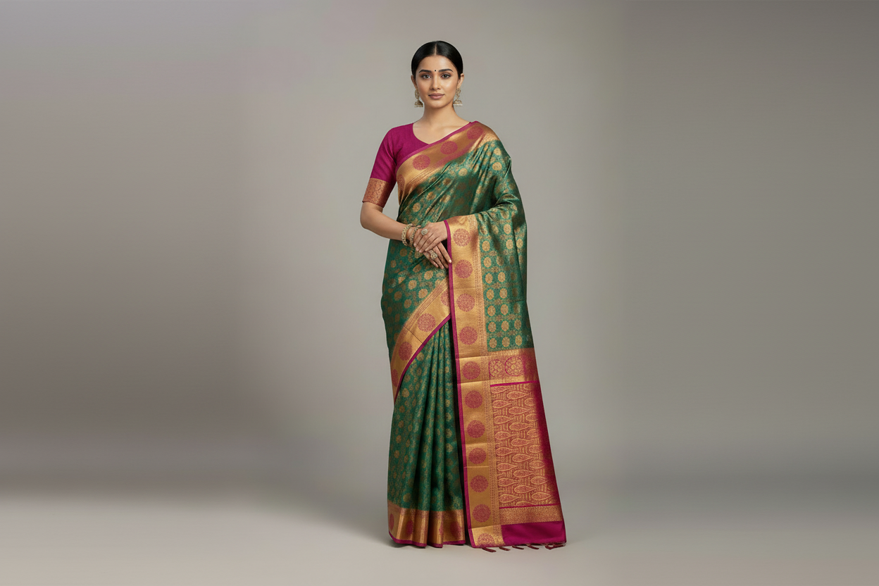Bridal Vegan Silk Saree Peacock Green shade with Pink Border with Unstitched blouse in Aari Work
