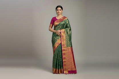 Bridal Vegan Silk Saree Peacock Green shade with Pink Border with Unstitched blouse in Aari Work