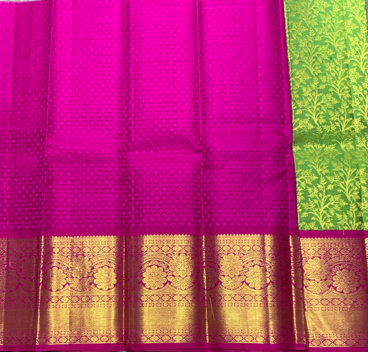 Parrot Green Shade Pure Kanchipuram Kids Pattu Pavadai with Contrast Border for Newborn to 2 Years