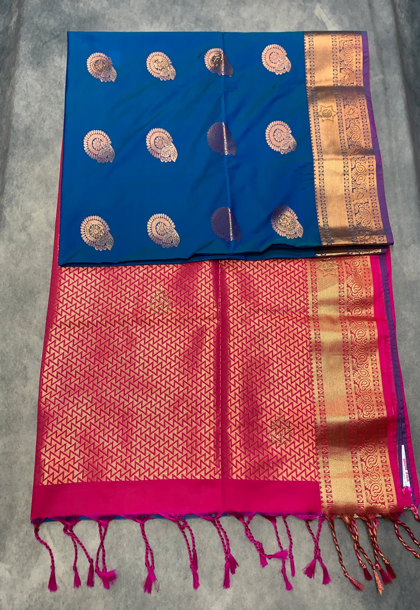 Soft Vegan Silk Saree Blue Colour with Pink and Copper Border