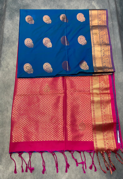 Soft Vegan Silk Saree Blue Colour with Pink and Copper Border