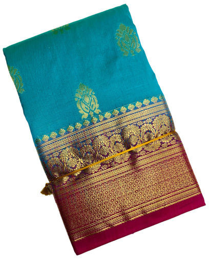 Pure Kanchipuram Silk Saree Blue Colour with Pink Border