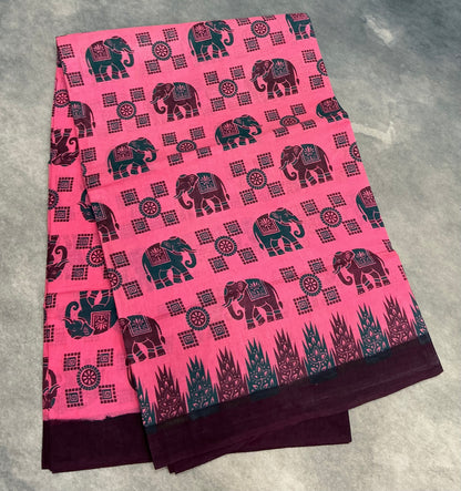 Chettinad Sungudi Cotton Light Pink Colour with Dark Maroon Colour Border