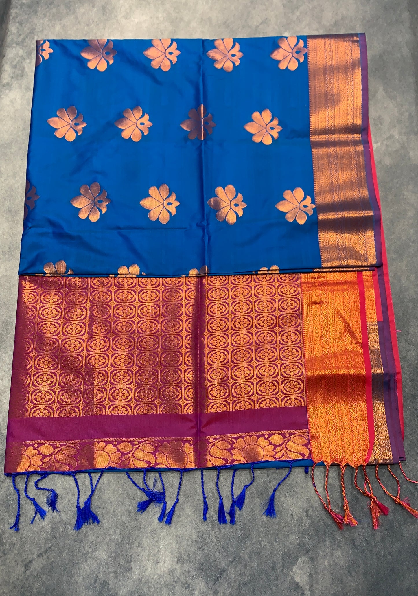 Soft Vegan Silk Saree Sky Blue Colour with Purple and Copper Border