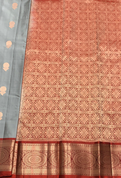 Pure Kanchipuram Silk Saree Gray Colour with Maroon Border