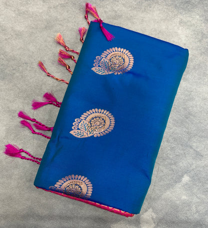 Soft Vegan Silk Saree Blue Colour with Pink and Copper Border
