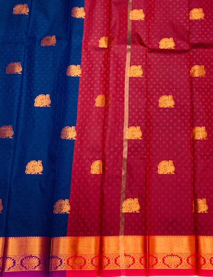 Navy Blue Shade Silk Cotton Saree with Copper Zari Border and Floral Design