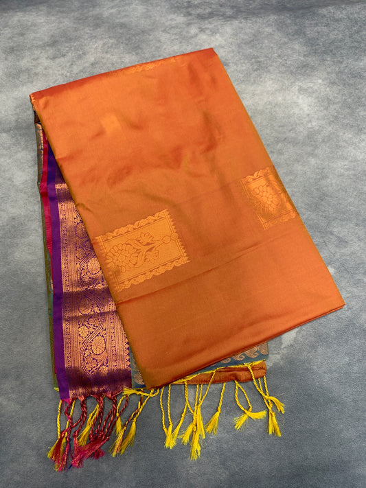 Soft Vegan Silk Saree Russet Orange Colour with Magenta and Copper Border