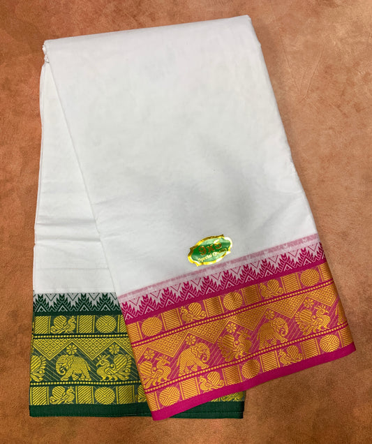 9X5 Cotton Dhoti White with Pink and Green Ganga Jamuna Border