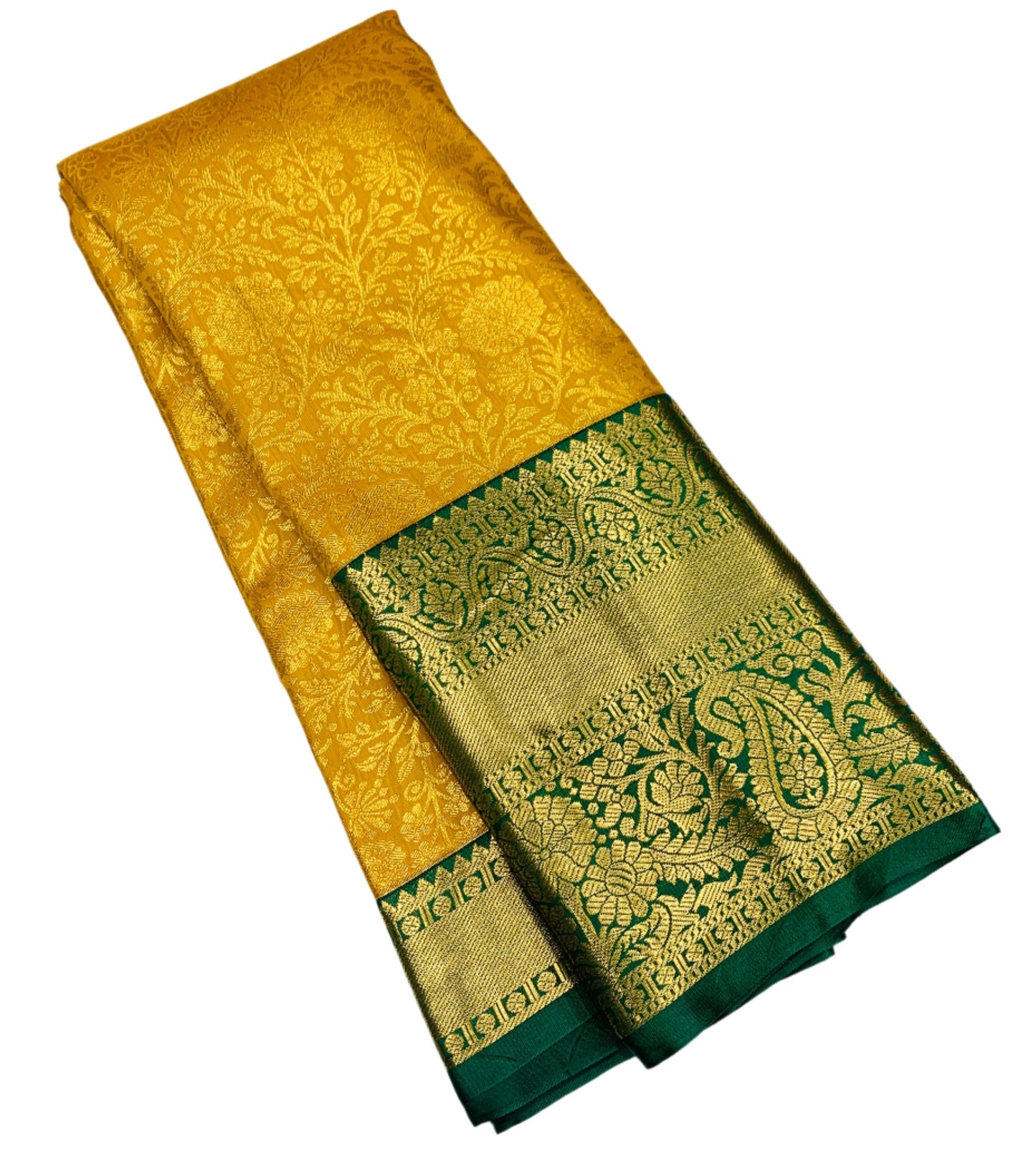 Golden Yellow Colour Semi Silk Saree with Big Green Border