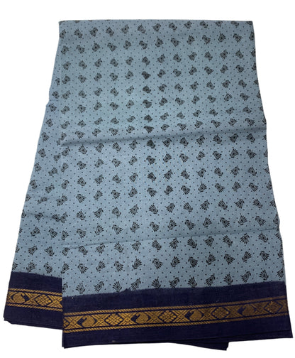 9 yards Cotton Saree Gray Colour with Navy Blue Border