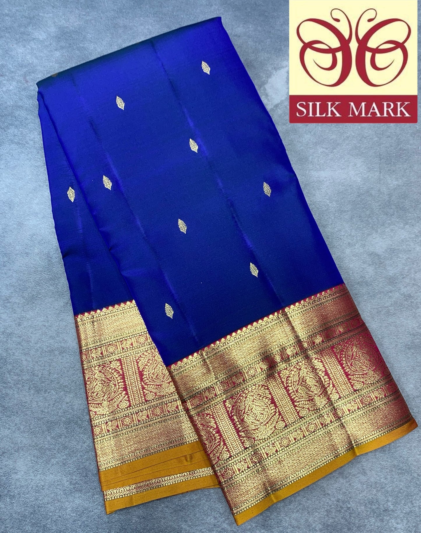 Pure Kanchipuram Silk Ink Blue Colour with Red and Golden Zari Border