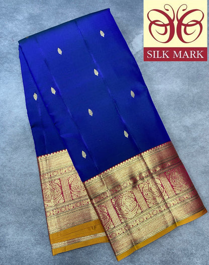 Pure Kanchipuram Silk Ink Blue Colour with Red and Golden Zari Border