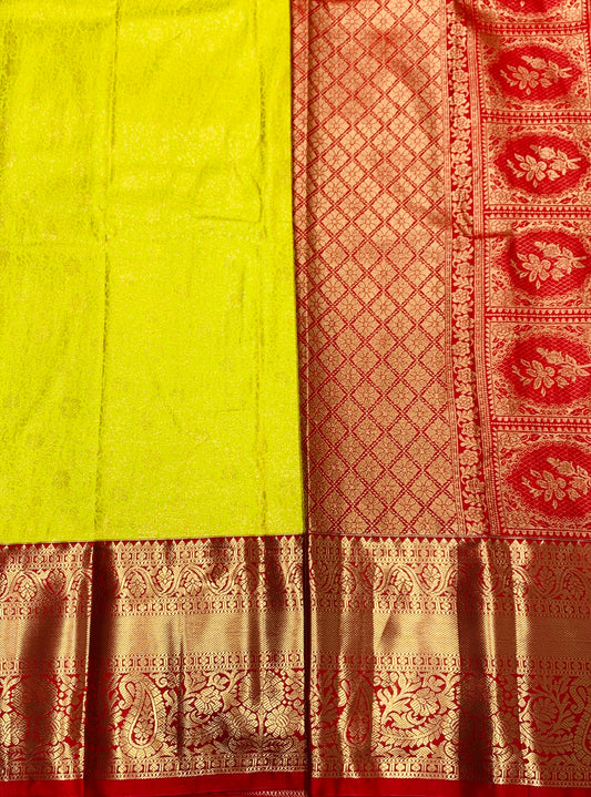 Lemon Yellow Colour Semi Silk Saree with Big Red Border