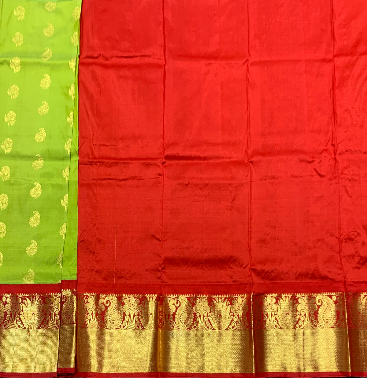 Parrot Green Shade Pure Kanchipuram Kids Pattu Pavadai with Contrast Border for age 2 to 5