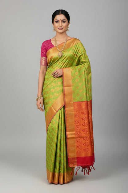 Vegan Silk Saree Light Green Colour with Pink and Copper Border
