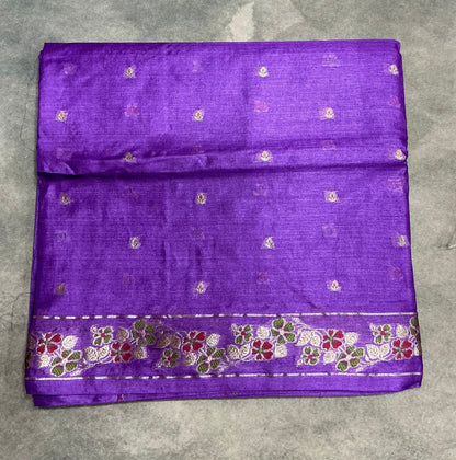 Pure Tussar Silk Saree Royal Purple Colour With Traditional Floral Zari Border