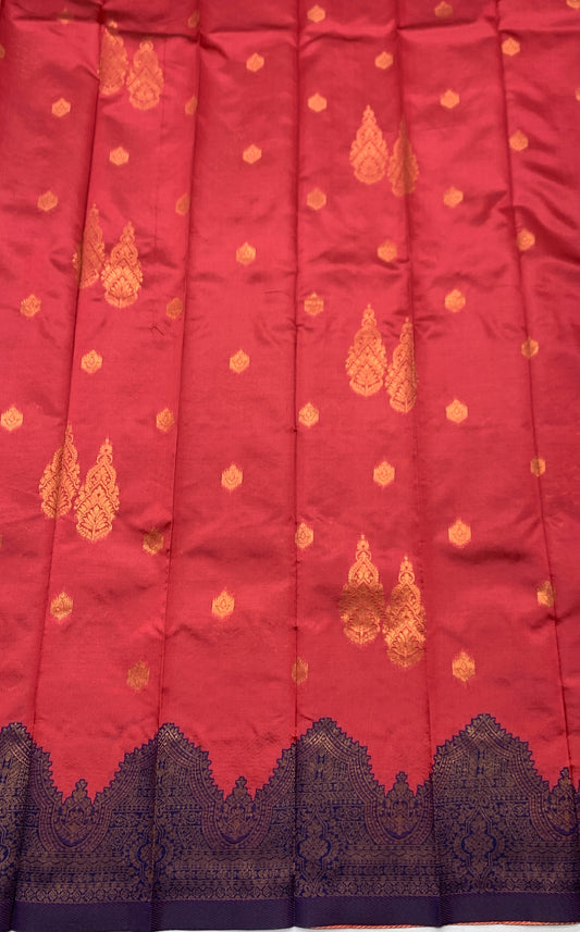 Art Silk Saree Tomato Red Colour with Navy Blue Border