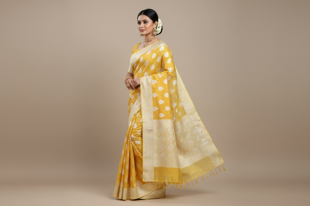 Banaras Katan Saree Yellow Colour with Katan Work Border