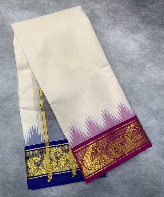 Korvai Cotton Dhoti Half White Colour Pink and Blue Border