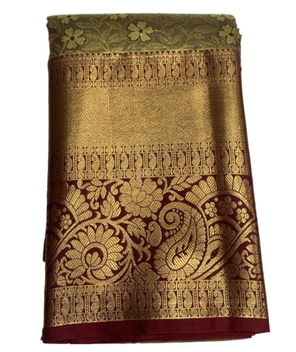 Brownish Gold Colour Soft Kanchi Tissue Pattu Saree with Maroon Border