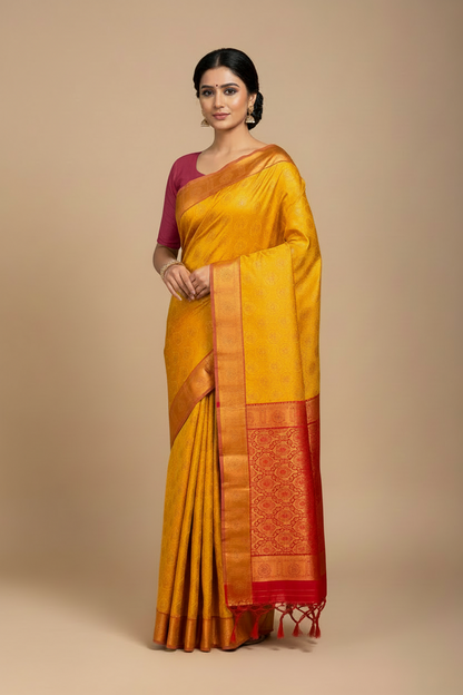 Vegan Silk Saree Yellow Colour with Copper and Pink Border