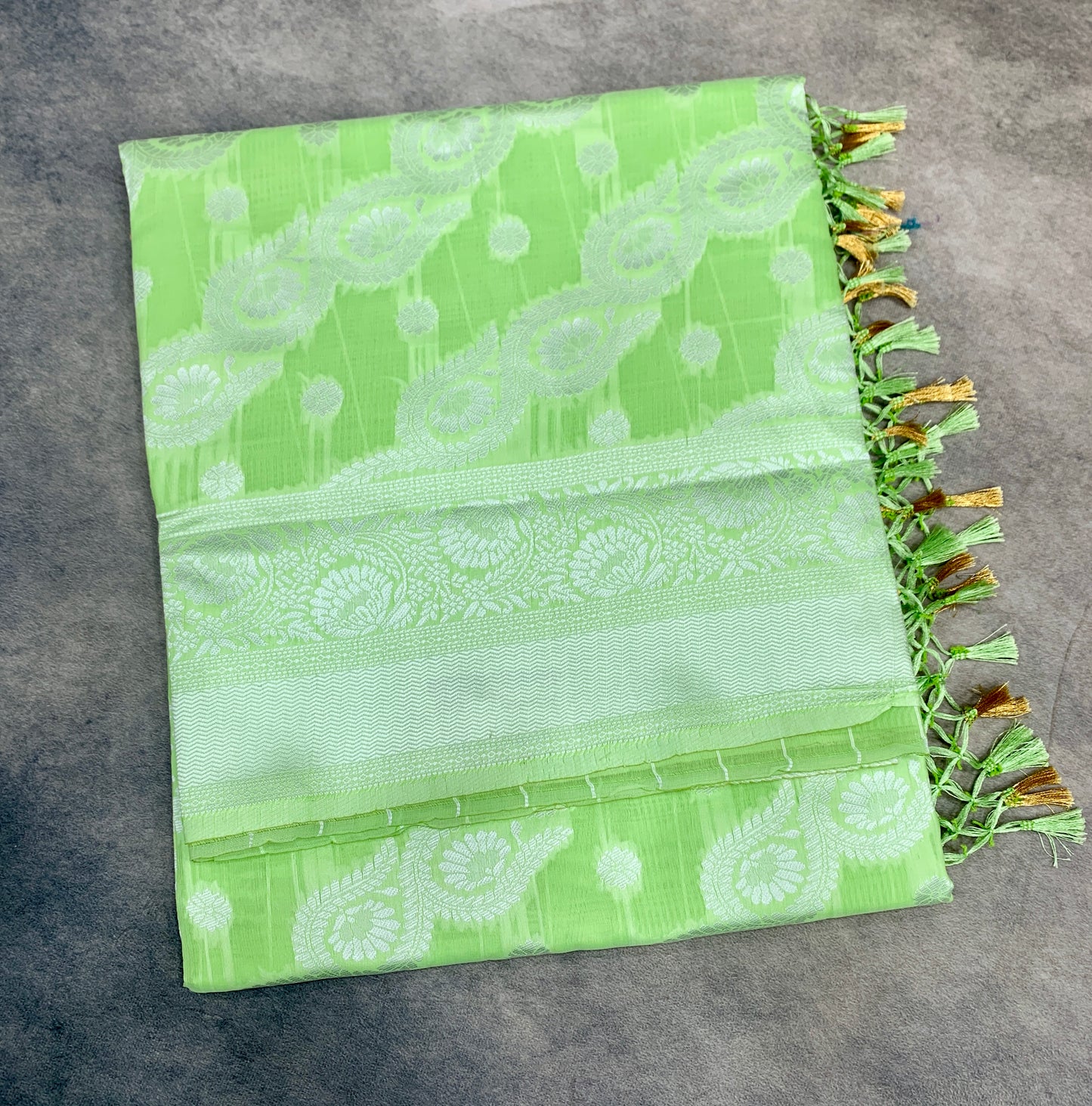 Banaras Katan Saree Apple Green Colour with Katan Work Border