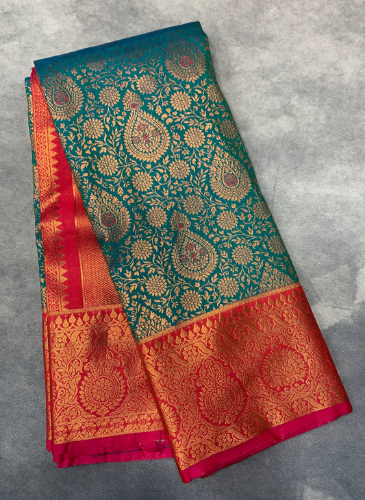 Vegan Silk Saree Peacock Blue Colour with Pink Border