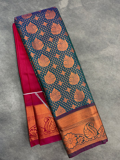 Vegan Silk Saree Peacock Green Colour with Pink and Copper Border