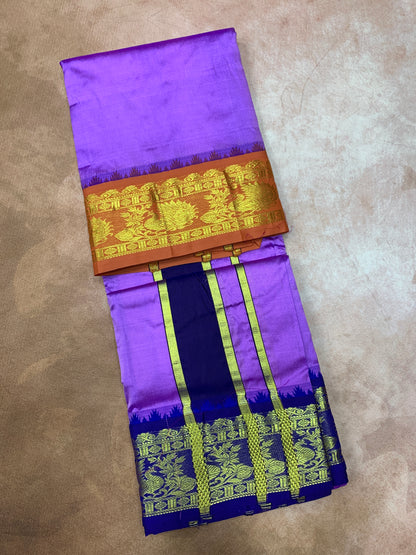 9X5 Pure Silk Dhoti Magenta Colour with Orange and Blue Ganga Jamuna Border