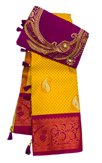 Bridal Vegan Silk Saree Mango Yellow shade with Pink Border with Unstitched blouse in Aari work