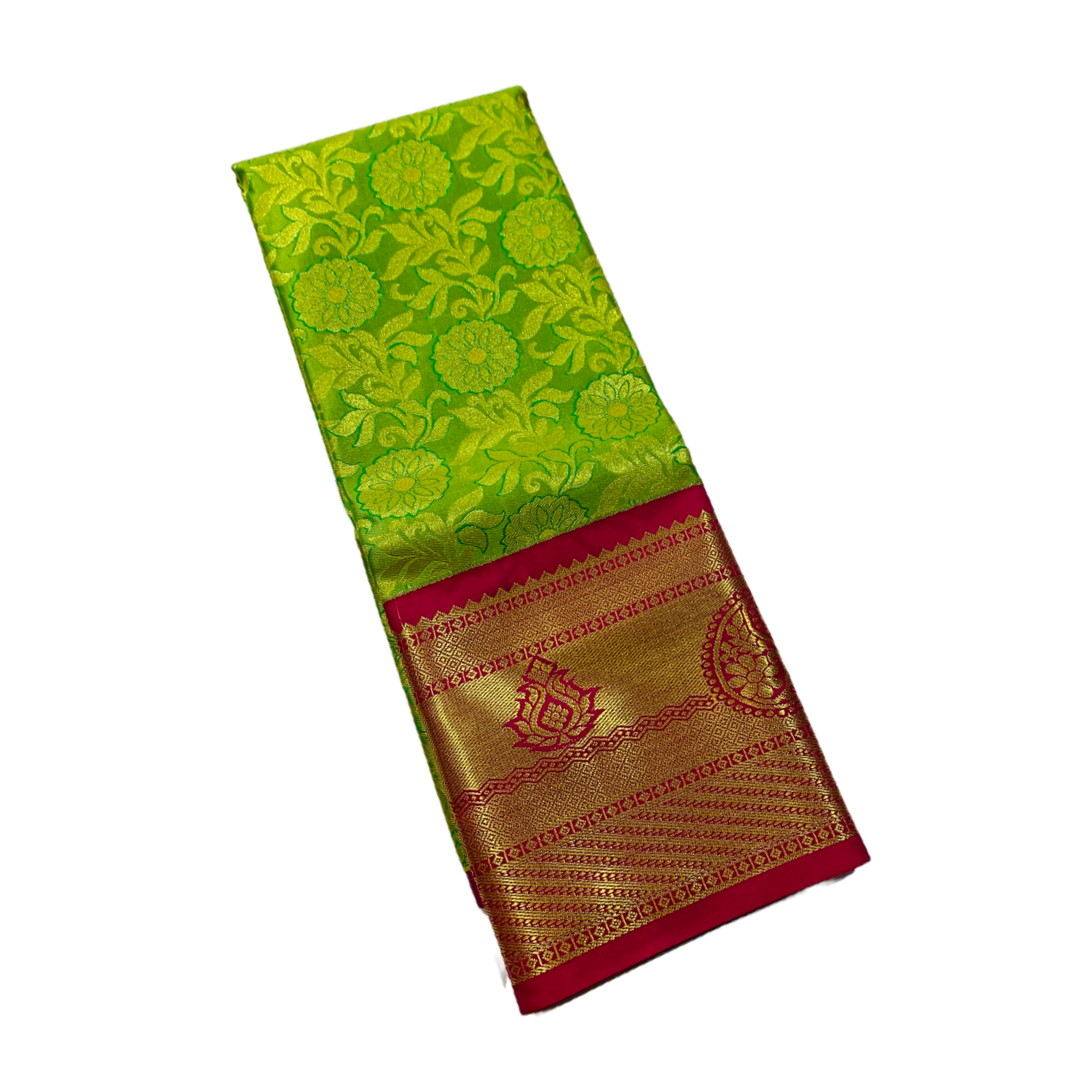 Apple Green shade Vegan Silk Kids Pattu Pavadai with contrast border for age 5 to 10