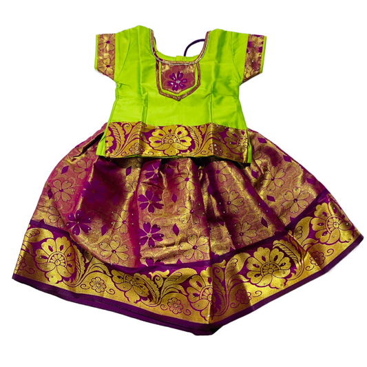 Ready To Wear Brown Pavadai with contrast Apple Green Blouse-1 Year Baby