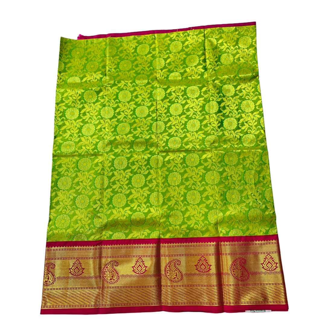 Apple Green shade Vegan Silk Kids Pattu Pavadai with contrast border for age 5 to 10