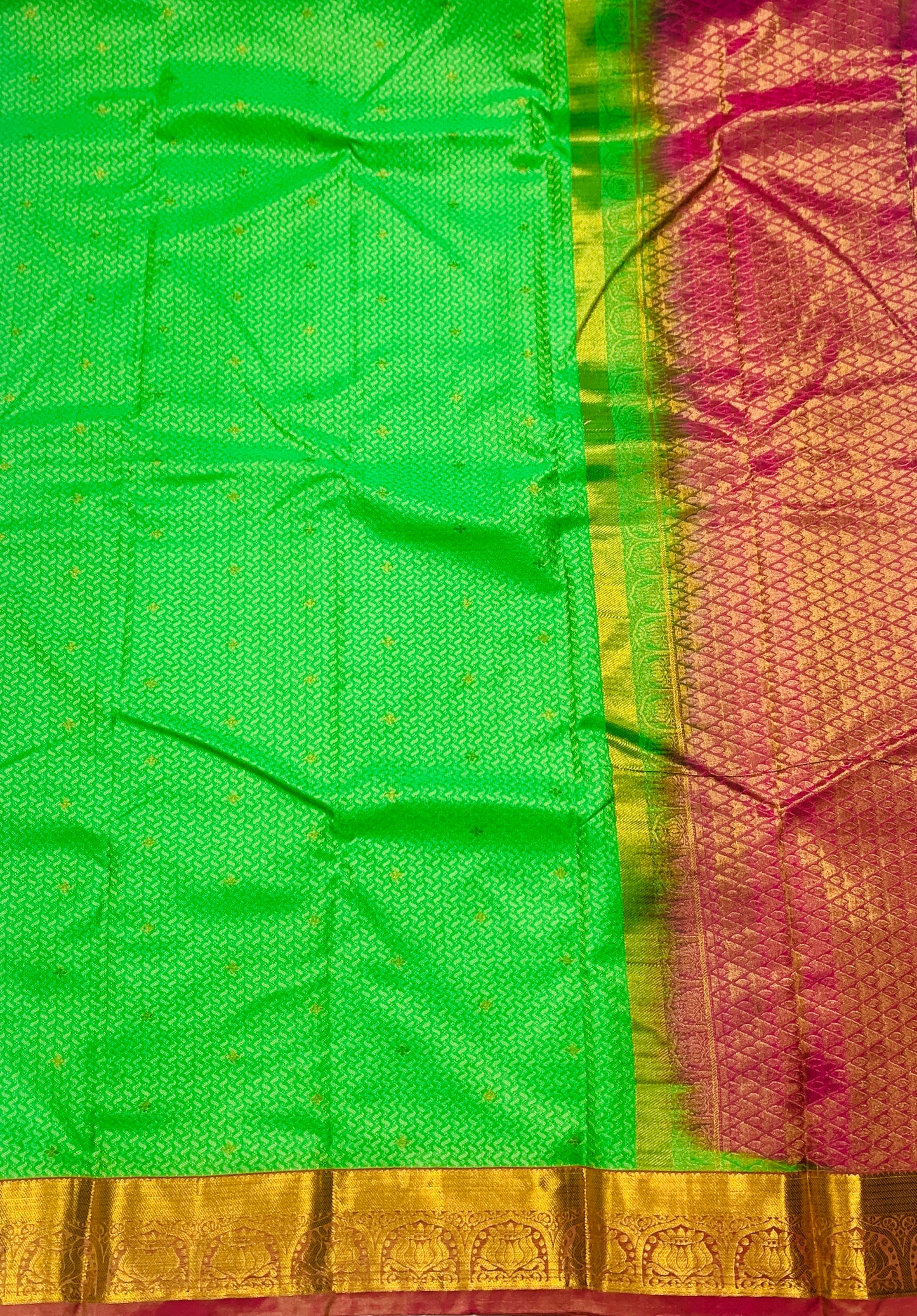 Apple Green shade Semi Silk Saree with Pink Border with Lotus Design