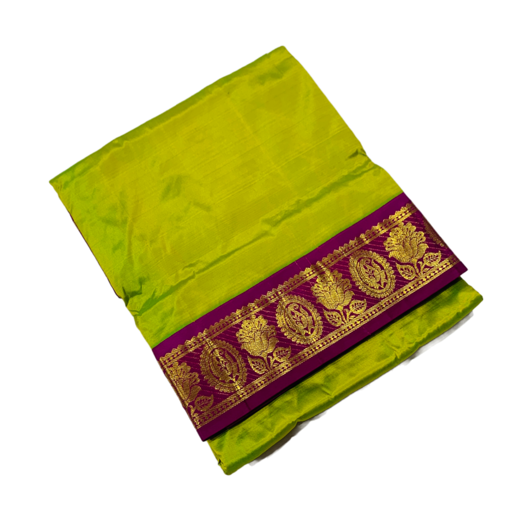 9 yards Pure Kanchipuram Silk Saree Apple Green Colour with Pink Border