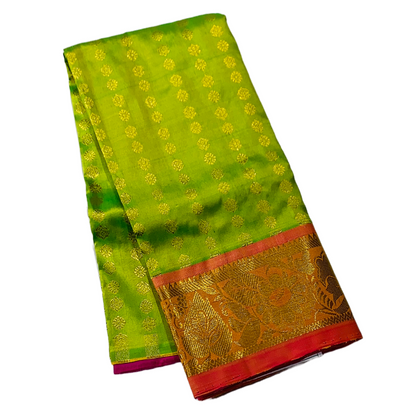 Apple Green shade Pure Kanchipuram Kids Pattu Pavadai with Contrast border for newborn to 2 Years