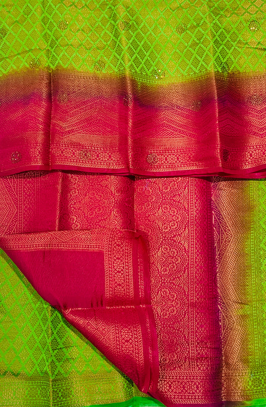 Soft Vegan Silk Saree Apple Green Colour with Pink Border