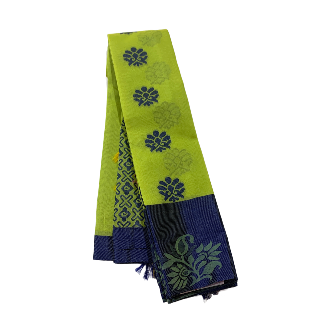 Apple Green shade silk cotton Saree with Blue Border