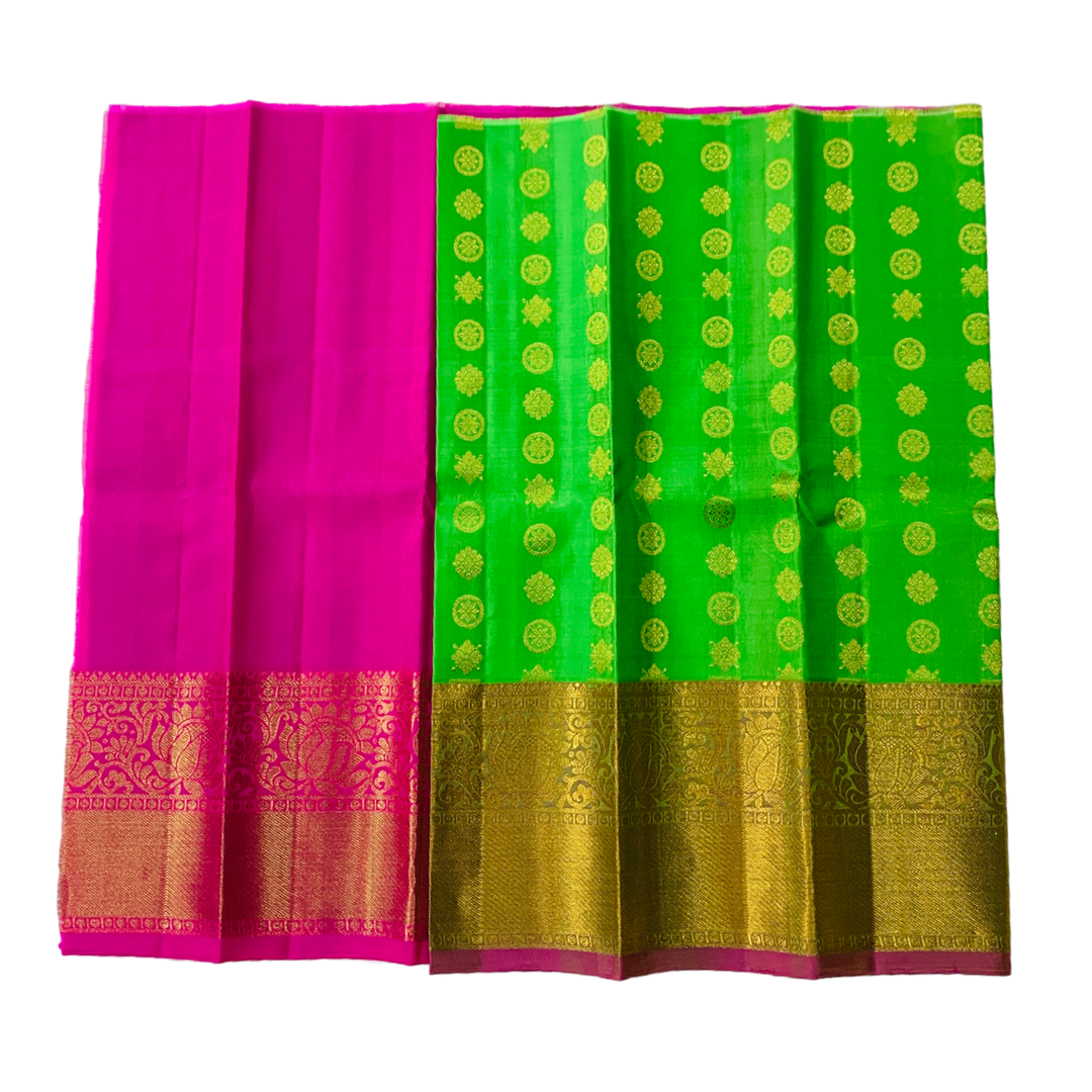 Apple Green shade Pure kanchipuram Kids Pattu Pavadai with Golden border for newborn to 2 Years