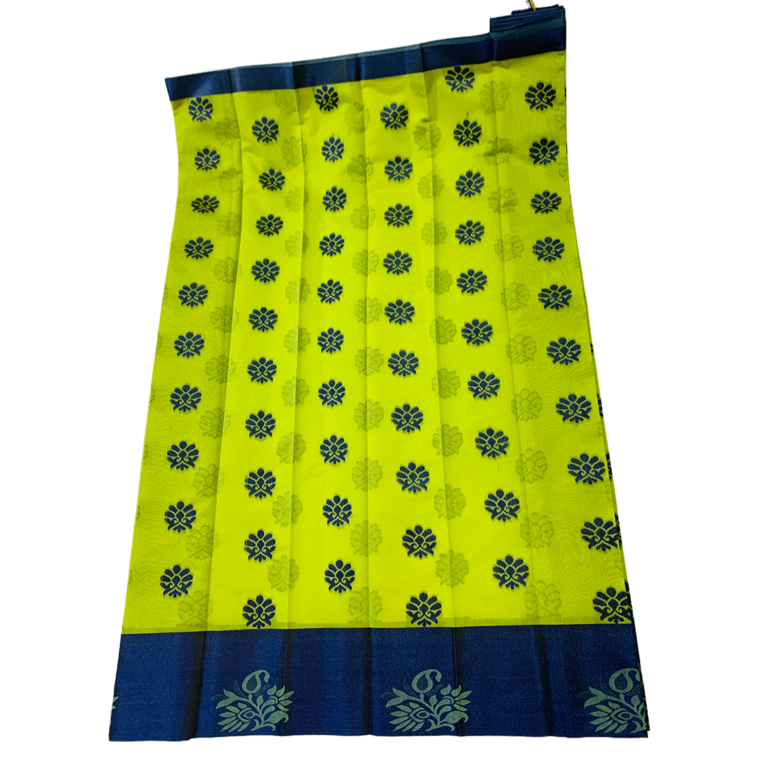 Apple Green shade silk cotton Saree with Blue Border