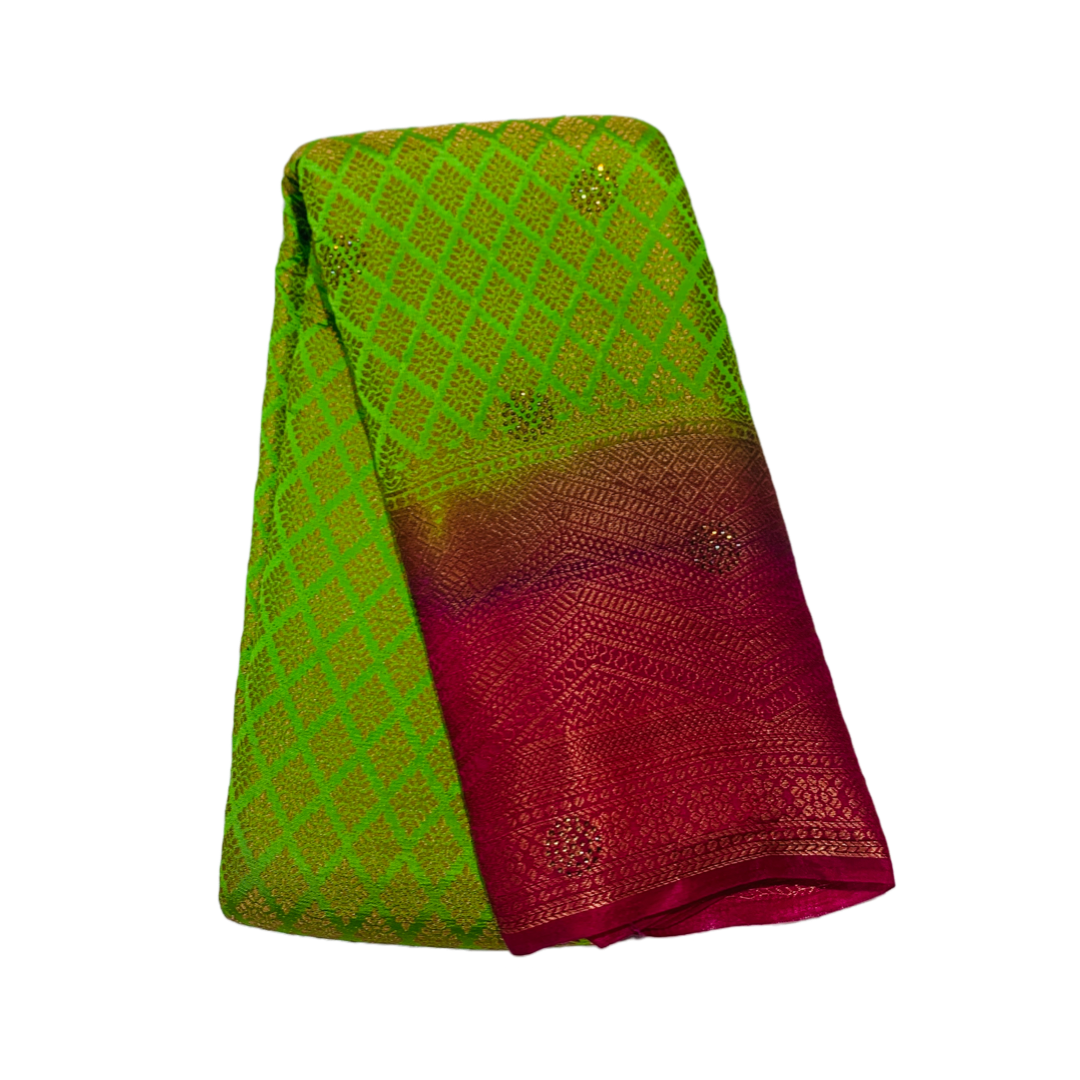 Soft Vegan Silk Saree Apple Green Colour with Pink Border