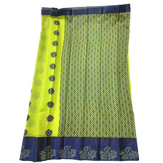 Apple Green shade silk cotton Saree with Blue Border