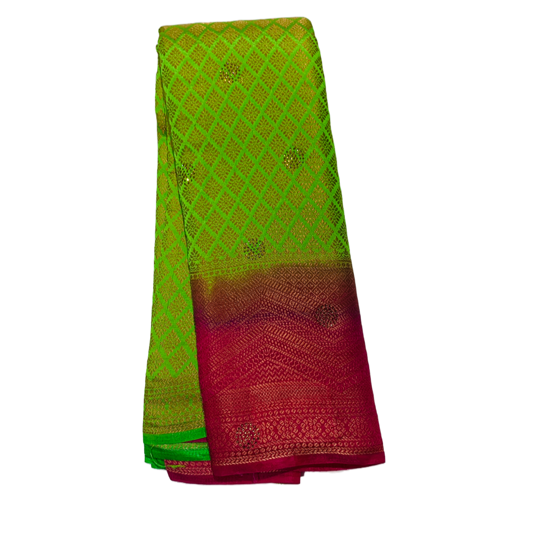 Soft Vegan Silk Saree Apple Green Colour with Pink Border