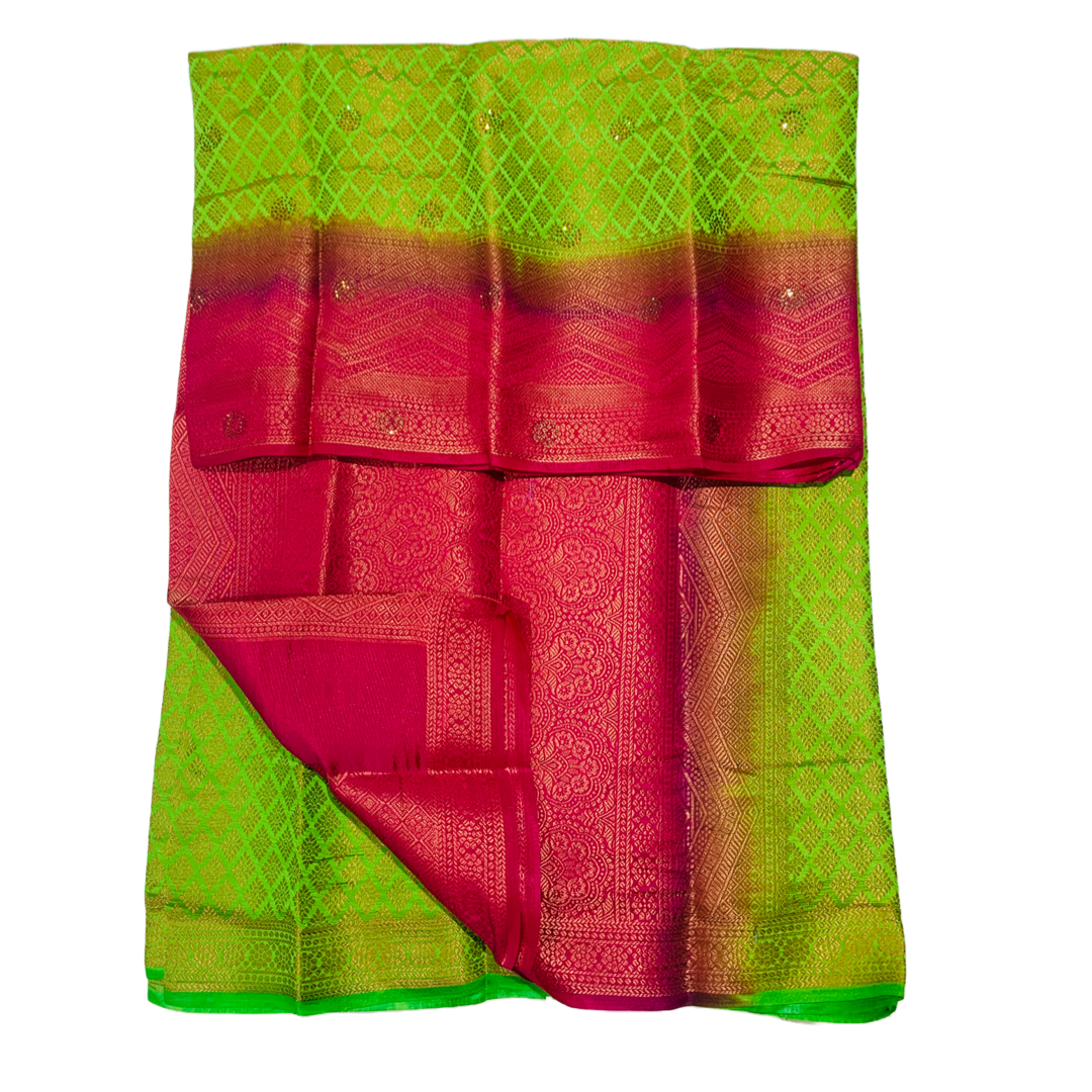 Soft Vegan Silk Saree Apple Green Colour with Pink Border