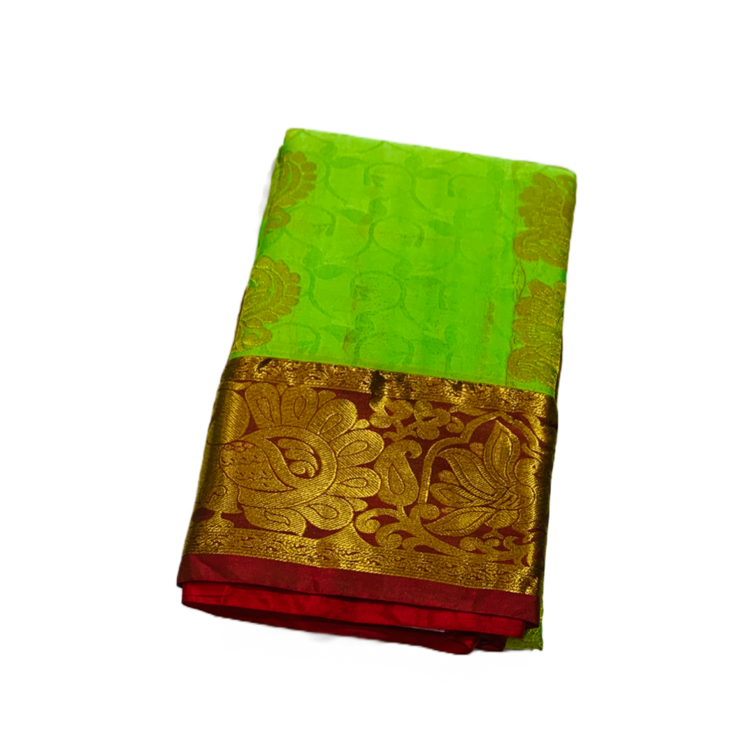 Semi Silk Saree Apple Green Colour with Golden and Maroon Border