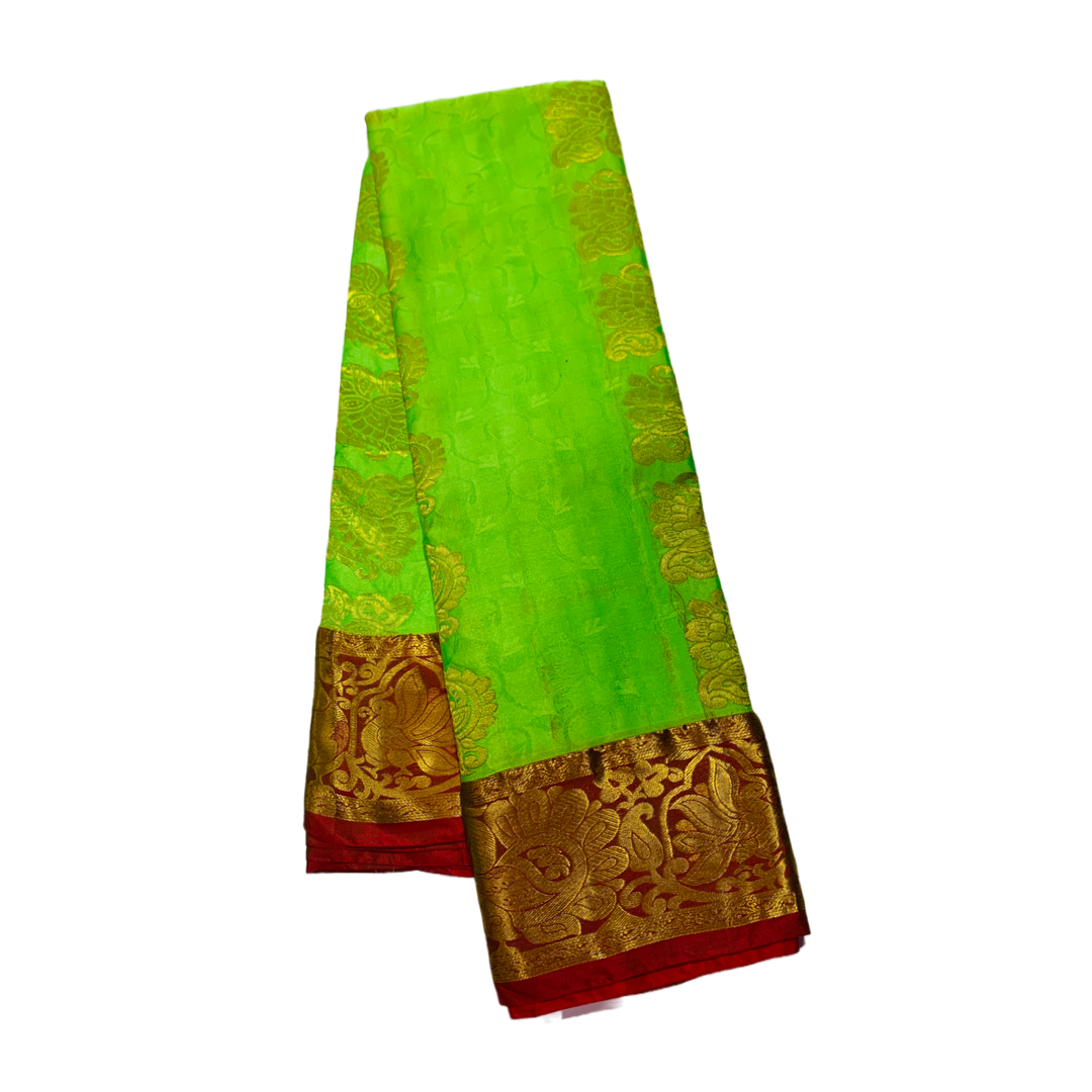 Semi Silk Saree Apple Green Colour with Golden and Maroon Border